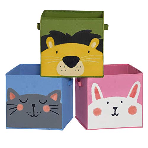 SONGMICS Cajas de Almacenamiento Infantil, Juego de 3, Cajas de Juguetes Plegables con Asas, para habitación Infantil, 30 x 30 x 30 cm, Tema de Animales, Azul, Verde y Rojo, Navidad, RFB075P01