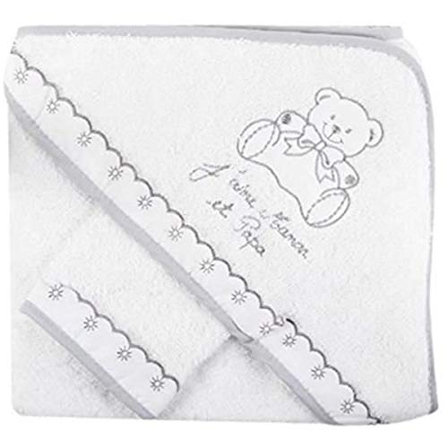 Sortie de bain "j'aime maman et papa" avec gant, idée cadeau naissance (blanc/gris)