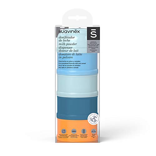 Suavinex 306959 Dosificador para leche en polvo y cereales. Con 4 compartimentos y cierre de rosca. Lavable en lavavajillas. Multicolor azul. 166 g