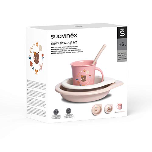 SUAVINEX 307434 - Juego de mesa para niña de 6 meses, plato hondo + cuenco + taza + cuchara lavable en lavavajillas y apto para microondas (4 unidades) color rosa - 300 g