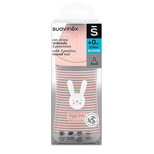 Suavinex Biberón Premium Tetina Redonda de Silicona 3 Posiciones 0% BPA, 270ml, Rabbit Gris