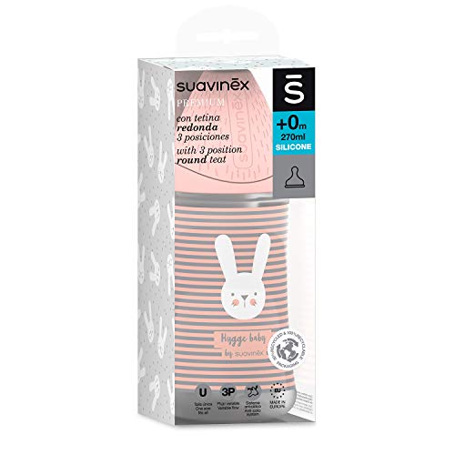 Suavinex Biberón Premium Tetina Redonda de Silicona 3 Posiciones 0% BPA, 270ml, Rabbit Gris