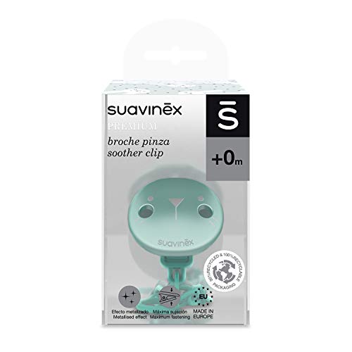 Suavinex - Broche premium de chupetes para bebés +0 meses. Broche joya efecto metalizado mate. Con nueva placa más pequeña. 0% BPA. Color verde.