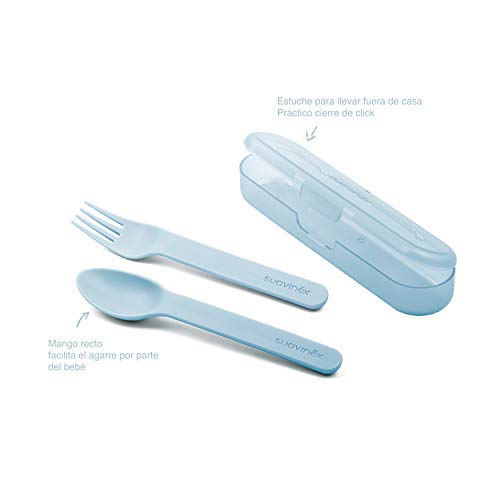 SUAVINEX Set Cubiertos Bebé con Estuche, Cubiertos Infantiles para Comer Fuera de Casa, para Bebés +12 Meses, Azul