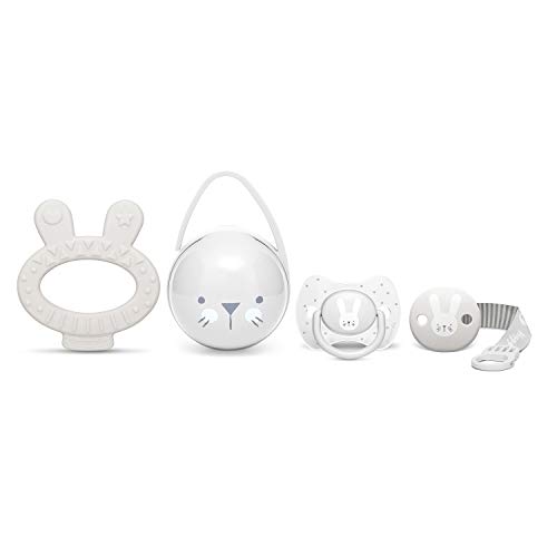 Suavinex Set Premium Recién Nacido con Chupete fisiológico silicona 0-6 meses, Broche, Portachupetes y Mordedor, gris