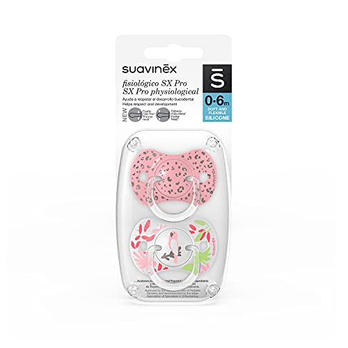 Suvinex, Nuevo Pack 2x Chupetes Fisiológicos Sx Pro, Para Bebés 0-6 Meses, Chupetes con Tetina Fisiológica de Silicona Sx Pro. Tetina más Plana y Flexible. Jungle Rosa