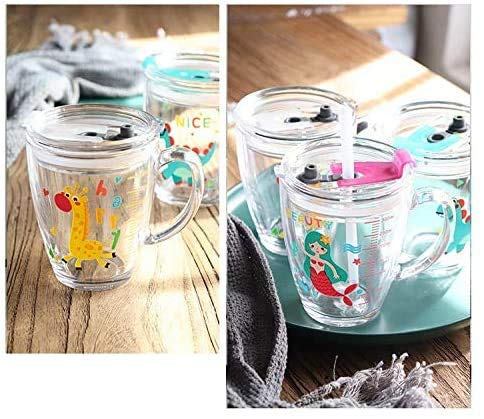 Taza infantil con pajita de silicona, 300 ml, con escala, asa, taza de agua, diseño animado, impresión con tapa antifugas, taza para niños