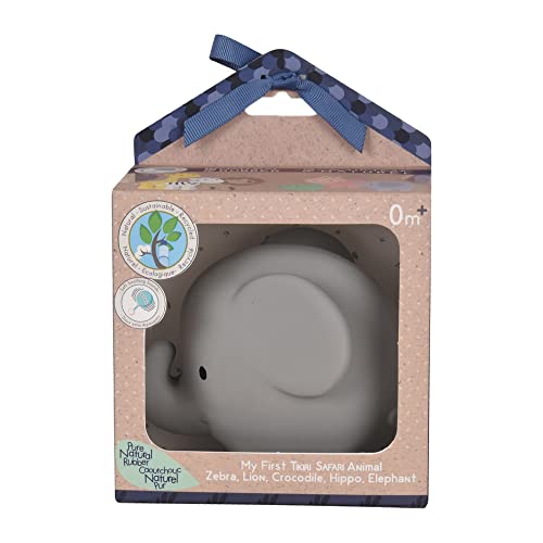 Tikiri 8596007 - Sonajero de caucho natural en caja de regalo, diseño de elefante, juguete de baño, para bebés y niños a partir de 0 meses