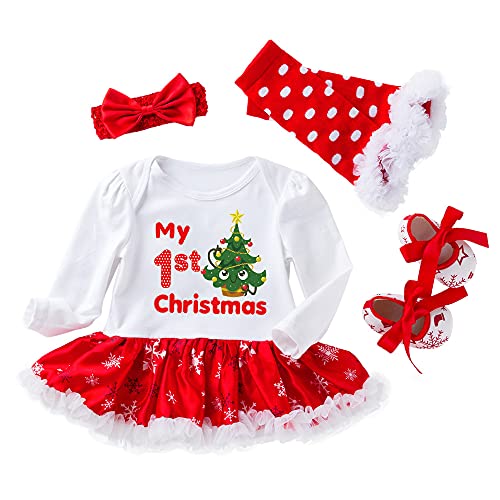 TMOYJPX Navidad Disfraz Niña Vestido Niño 0-24 Meses Princesa Invierno, 'My 1st Christmas' Conjunto Ropa Bebe Niña, Mono de Falda + Banda + Calcetines (A#02, 0-3 meses)