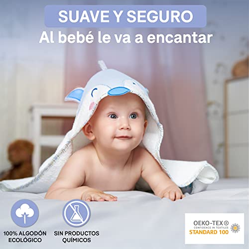 Toalla Bebe con Capucha Niño y Niña - Capucha Cabecita de Zorro-Toalla de baño 100% Algodón Ecológico, Certificado Oeko Tex, Sin Productos Químicos - Albornoz Bebe 70x70cm, 0 -12 Meses - Azul