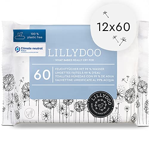 Toallitas húmedas para bebés LILLYDOO con un 99 % de agua, 720 unidades (12 x 60), CAJA MENSUAL, toallitas 100 % biodegradable sin perfumes y tan suave como el algodón y el agua