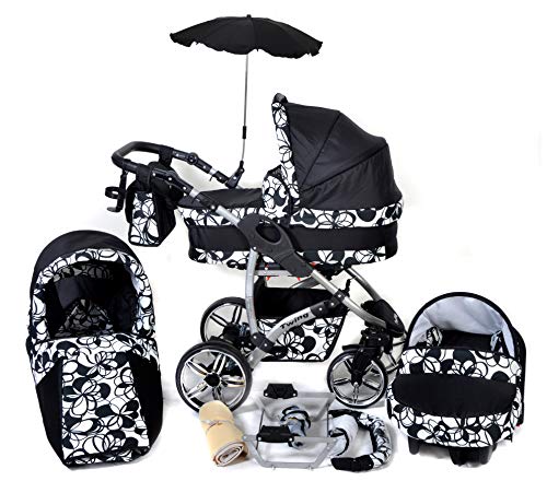 Twing - Sistema de viaje 3 en 1, silla de paseo, carrito con capazo y silla de coche, RUEDAS GIRATORIAS y accesorios (Sistema de viaje 3 en 1, negro, flores blancas)