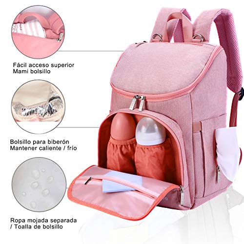 Voova Mochila de Pañales para Bebé, Impermeable Mochila Maternidad, Gran Capacidad Mochila de Cambio Bolso para Pañaleras con Cambiador y 2 Piezas Ganchos Carrito Bebes para Mamá y Papá, Rosado