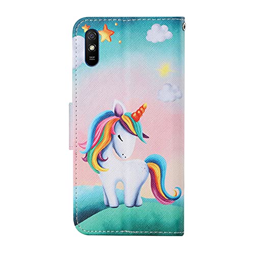 VQWQ Funda para teléfono Xiaomi Redmi 9A, funda de cuero con función atril con cierre magnético compatible con Xiaomi Redmi 9A [Animal]- Unicornio 1