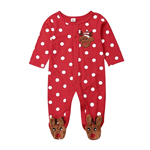 XIXIMAON Bebé Pijama de Una Pieza para Navidad Pelele Navideño de Recién Nacido Unisex Mono de Botones con Estampado de Reno y Puntos (Rojo, 3-6 Meses)