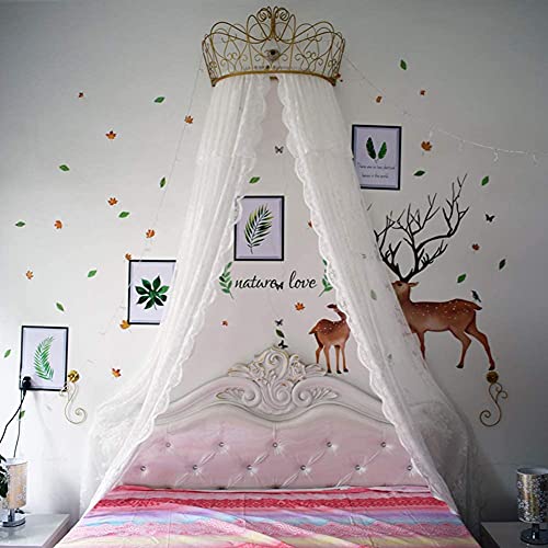 XWSM Dosel De Cama De Princesa, Cortina De Cama De Gasa De Encaje Blanco, Cortinas Decorativas, Corona De Metal con Luces De Estrellas para Dormitorio De Niñas, Cuna para Camas Gemelas Y Tamaño Queen