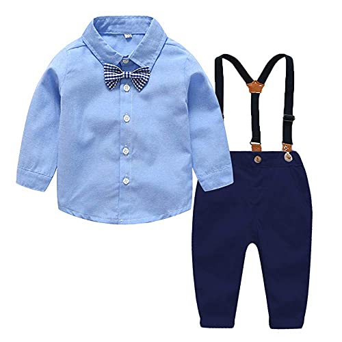 Yokald Ropa Bebe Conjunto Niño Traje de vestir Conjuntos de Otoño e Invierno Camisa de Manga Larga Pantalón + Pajarita Tirantes Ropa Niño Caballero 6 Meses a 6 años (Azul005, 12-18M)