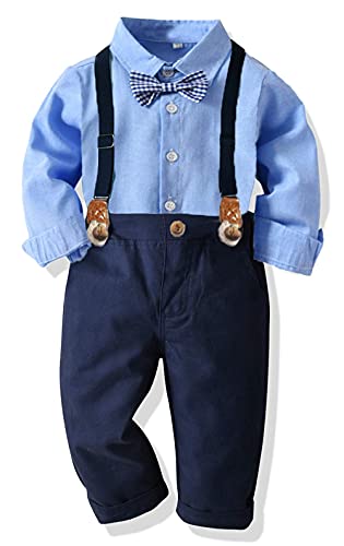 Yokald Ropa Bebe Conjunto Niño Traje de vestir Conjuntos de Otoño e Invierno Camisa de Manga Larga Pantalón + Pajarita Tirantes Ropa Niño Caballero 6 Meses a 6 años (Azul005, 18-24M)