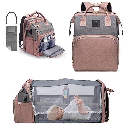 YUDOXN Mochilas de Pañales para Bebé,cuna portátil para bebés y niños,plegable,organizador de mochila para pañales de cuna multifuncional con cambiador de pañales (Rosa)