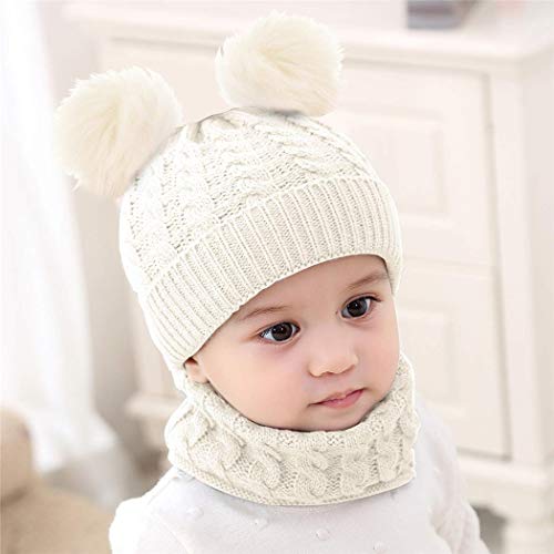 Yutdeng Bebé Gorros con Pompon y Bufanda de Punto Cuello Redondo Invierno Cálido Punto Beanie 0-36 Meses Niña Niño,Blanco,Talla única