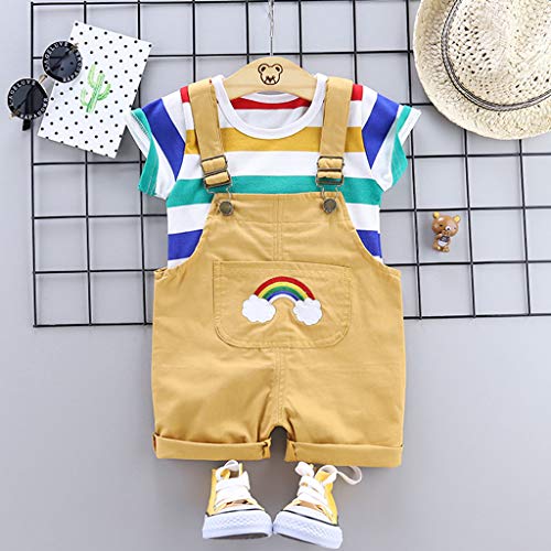 YWLINK Verano Al Aire Libre Mezcla De Algodon Manga Corta Rayas Arcoiris Camiseta +Babero Arcoiris Pantalones Cortos Traje De 2 Piezas Regalo Blanco, Amarillo, Azul, Café 6 Meses-3AñOs