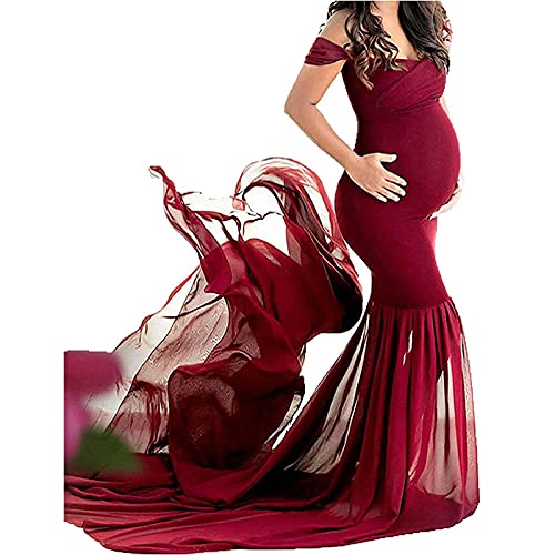 ZLZNX Vestido Tul Cola Maxi Maternidad, Vestidos Embarazo con Hombros Descubiertos Maternidad, Vestido Largo Gasa, Elegante Vestido Noche Fotografía Maternidad,Natural,One Size