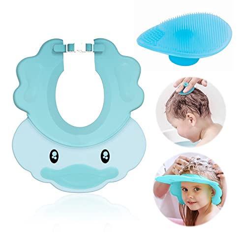 1 gorro de ducha azul para bebé, sombrero de sol ajustable, bonito gorro de baño para niños, protege los ojos y las orejas del bebé durante el champú y el baño (peine de baño gratuito)