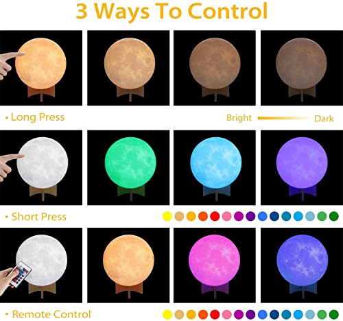 18cm Lámpara Luna 3D, OxyLED Brillo Regulable 16 Colores RGB Recargable USB Control remoto y Control táctil LED Lunar Luz Nocturna Decorativa para Dormitorio, Salón, Regalo para Mujeres y Niños