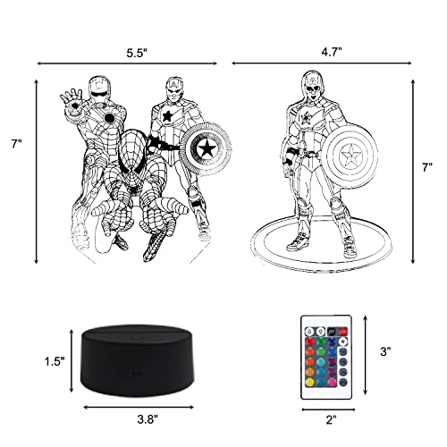 2 en 1,Captain America,Spiderman,lámpara LED de superhéroe con ilusión 3D, control remoto RGB de 16 colores,Luz de la noche del dormitorio