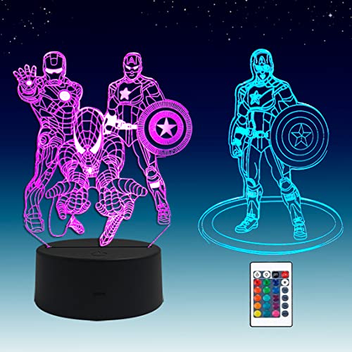 2 en 1,Captain America,Spiderman,lámpara LED de superhéroe con ilusión 3D, control remoto RGB de 16 colores,Luz de la noche del dormitorio