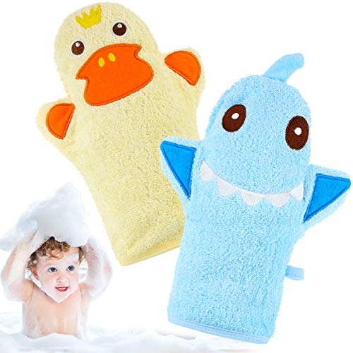 2 paños de baño para bebés con bonitos diseños de animales, toalla de algodón de tiburón de pato amarillo, suave exfoliante para baño y ducha de niños pequeños