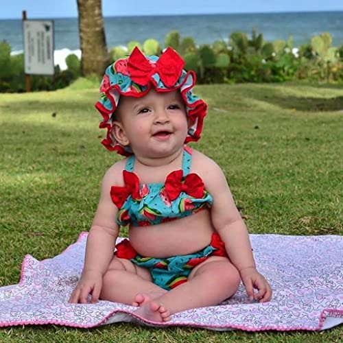 3 piezas traje de baño de niña bikini conjunto de playa con estampado de frutas trajes de baño para bebé bebé traje de playa niña top bikini + pantalones cortos + sombrero, Azul Anguria, 6-12 Meses