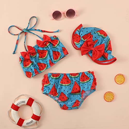 3 piezas traje de baño de niña bikini conjunto de playa con estampado de frutas trajes de baño para bebé bebé traje de playa niña top bikini + pantalones cortos + sombrero, Azul Anguria, 6-12 Meses