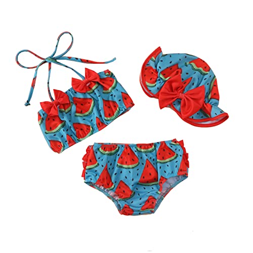 3 piezas traje de baño de niña bikini conjunto de playa con estampado de frutas trajes de baño para bebé bebé traje de playa niña top bikini + pantalones cortos + sombrero, Azul Anguria, 6-12 Meses