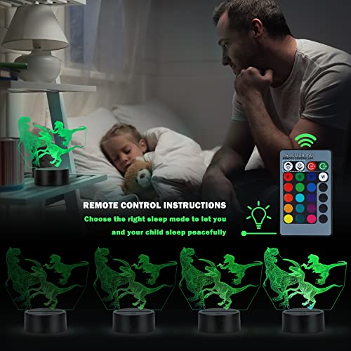 3D Lámpara óptico Illusions Luz Nocturna, JQGO LED Lámpara de Noche 3D de 16 Colores con Control Remoto​y Cable USB, Ideas de Festivo y Regalos para Niños Niñas y Adultos (Dinosaurio)