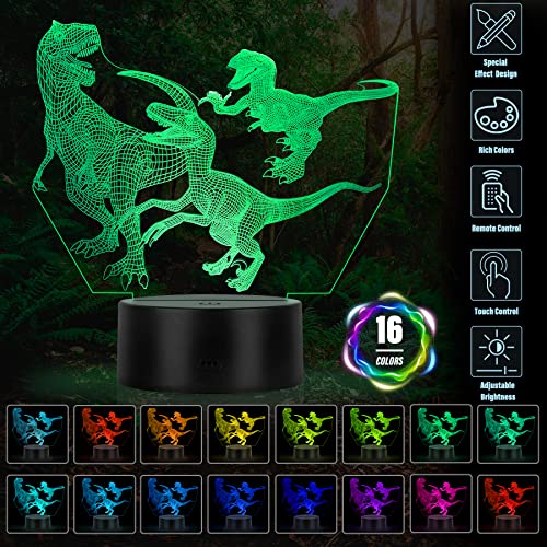 3D Lámpara óptico Illusions Luz Nocturna, JQGO LED Lámpara de Noche 3D de 16 Colores con Control Remoto​y Cable USB, Ideas de Festivo y Regalos para Niños Niñas y Adultos (Dinosaurio)