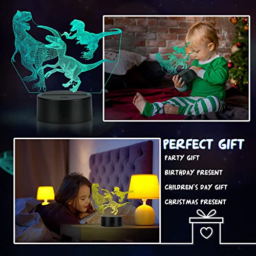 3D Lámpara óptico Illusions Luz Nocturna, JQGO LED Lámpara de Noche 3D de 16 Colores con Control Remoto​y Cable USB, Ideas de Festivo y Regalos para Niños Niñas y Adultos (Dinosaurio)