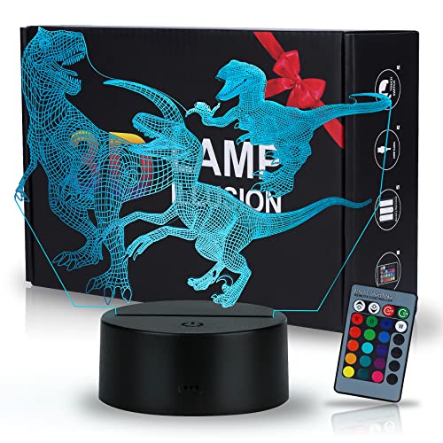 3D Lámpara óptico Illusions Luz Nocturna, JQGO LED Lámpara de Noche 3D de 16 Colores con Control Remoto​y Cable USB, Ideas de Festivo y Regalos para Niños Niñas y Adultos (Dinosaurio)