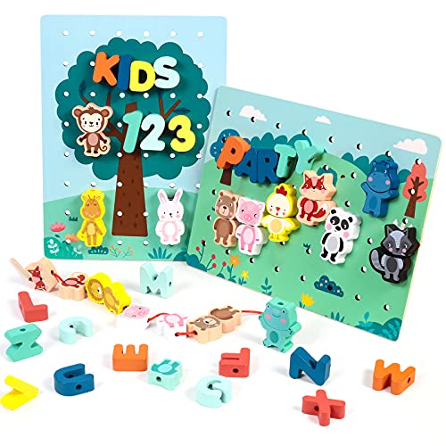 66 Piezas Cuentas de Madera Juego de Enhebrado Cuentas Animales Frutas Cartas con Tabla de Doble Cara Habilidades Motoras Finas Montessori Juguetes Educativos Juguete Cumpleaños Regalo para Niños