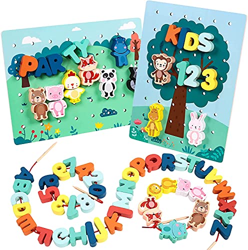 66 Piezas Cuentas de Madera Juego de Enhebrado Cuentas Animales Frutas Cartas con Tabla de Doble Cara Habilidades Motoras Finas Montessori Juguetes Educativos Juguete Cumpleaños Regalo para Niños