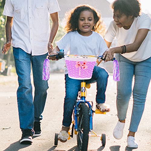 Abaodam Cesta de Bicicleta para Niños Juego de Banderines Cesta de Mimbre para Manillar de Bicicleta con Borlas para Bicicleta Empuñadura de Manillar Cesta de Scooter para Niños Y Niñas