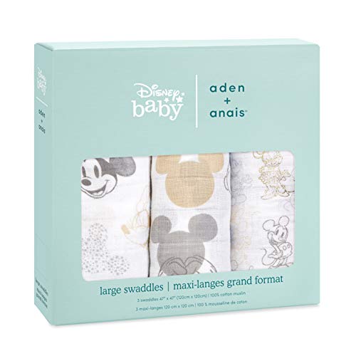 aden + anais Manta metálica de Muselina 100% algodón para bebé y niños, 120 x 120 cm, Ideal para recién Nacidos y bebés, Ducha, Paquete de 3, Mickey + Minnie