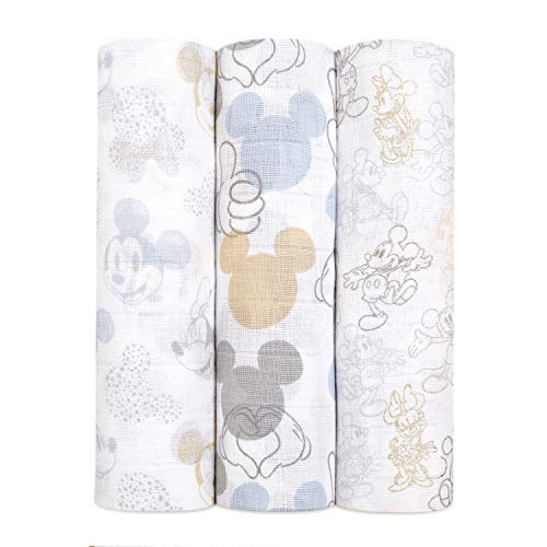 aden + anais Manta metálica de Muselina 100% algodón para bebé y niños, 120 x 120 cm, Ideal para recién Nacidos y bebés, Ducha, Paquete de 3, Mickey + Minnie