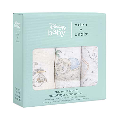 aden + anais Musy Squares - Pack de 3 Muselina de algodón 100% Disney Baby - My Darling Dumbo (70 x 70 cm)