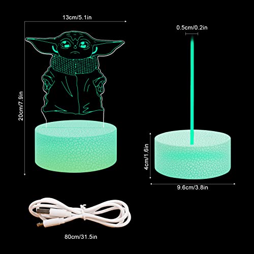 Ainvliya 2022 Luz de Noche para Niños para Star Wars, 3D Ilusión Lámpara para Baby Yoda, Lámpara Regulable de 16 Colores Control Remoto, Regalo de Cumpleaños para el Día de San Valentín Niños Niñas