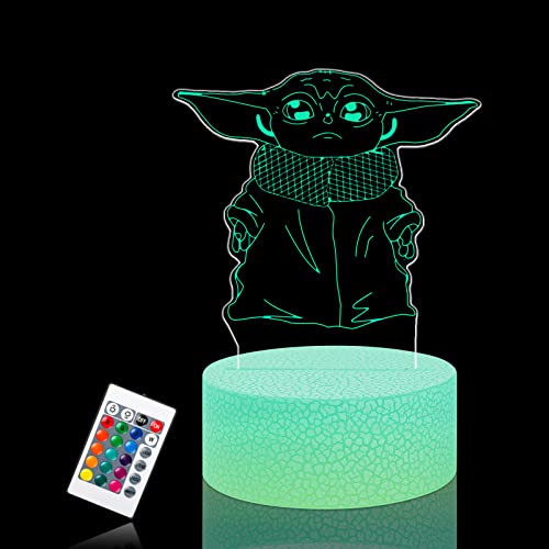 Ainvliya 2022 Luz de Noche para Niños para Star Wars, 3D Ilusión Lámpara para Baby Yoda, Lámpara Regulable de 16 Colores Control Remoto, Regalo de Cumpleaños para el Día de San Valentín Niños Niñas