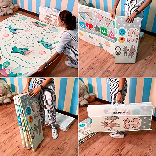 Alfombra bebe plegable XPE, colchoneta juego dos diseños, actividades y aviones, ejercicio psicomotricidad y decoración aviones. Lavable e impermeable