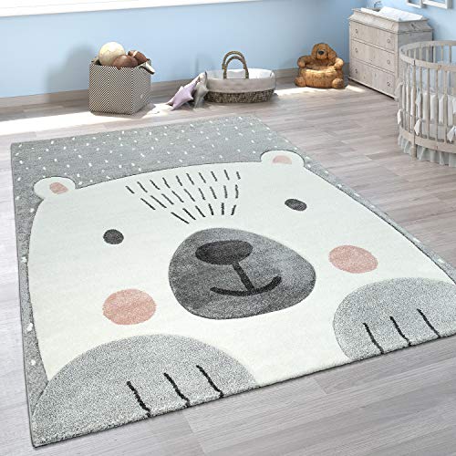 Alfombra Infantil Adorable Pelo Corto Oso Alegre 3D Moderna En Gris Blanco, tamaño:140x200 cm