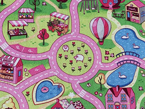 Alfombra Infantil Niña CIUDAD ROSA 95cm x 200cm, Alfombra Coches Circuito | Alfombra Carretera Jugar