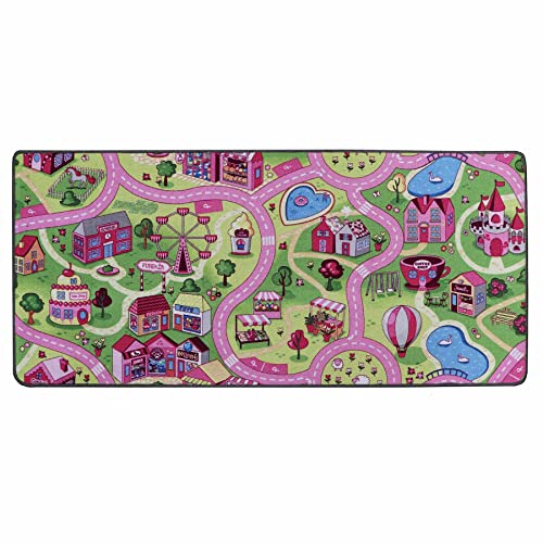 Alfombra Infantil Niña CIUDAD ROSA 95cm x 200cm, Alfombra Coches Circuito | Alfombra Carretera Jugar